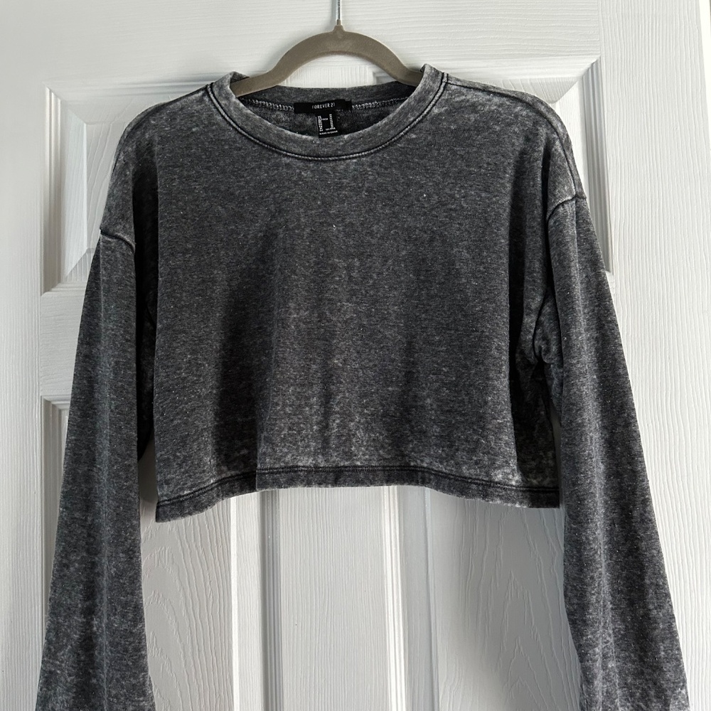 Forever 21 Crop Top Grey Long Sleeve Distressed EUC Size M